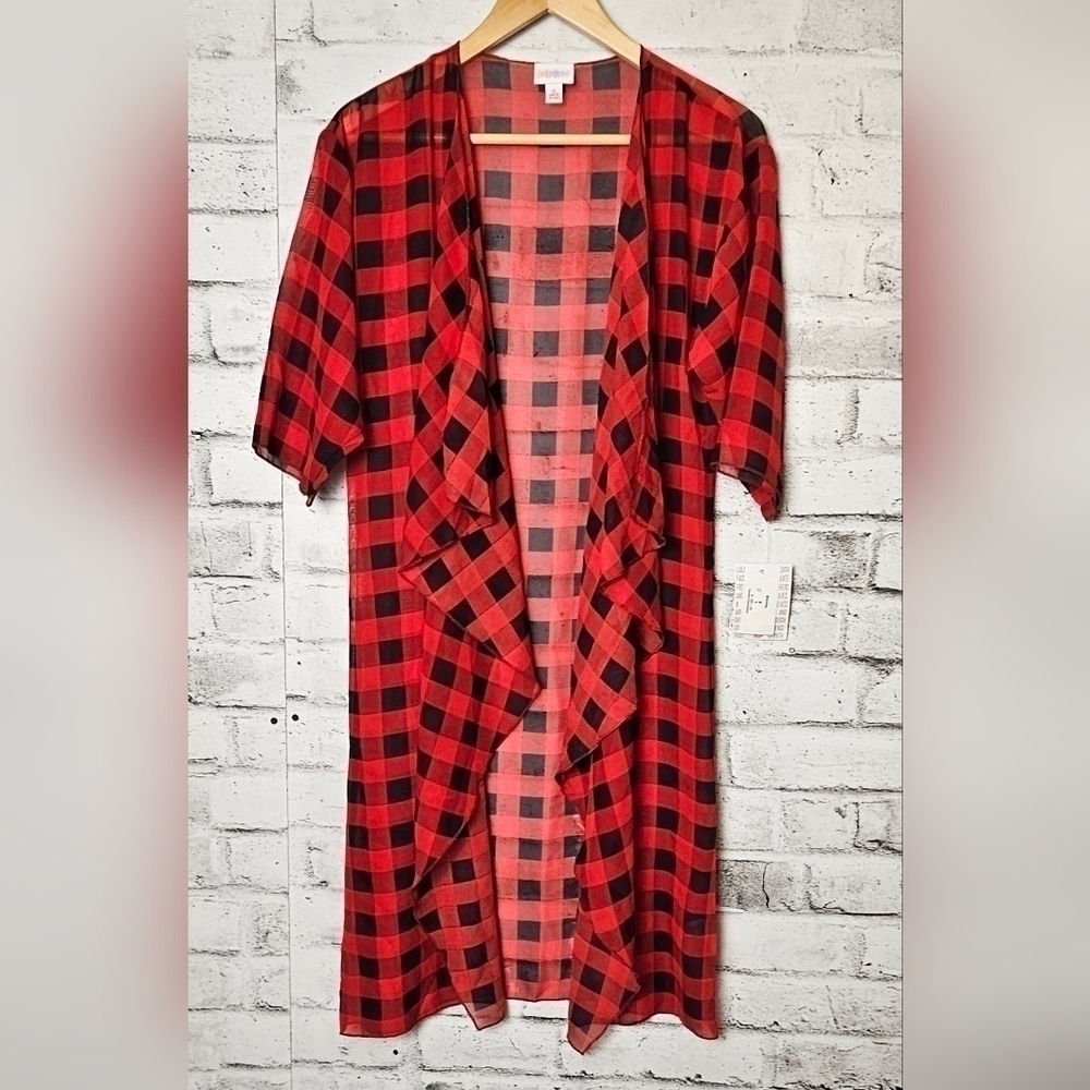LuLaRoe Shirley Plaid Kimono Cardigan Womens Small Red Black NWT